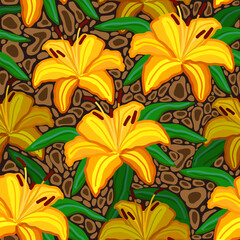Vector seamless floral pattern with tiger lillies and leopard texture on dark brown background.
