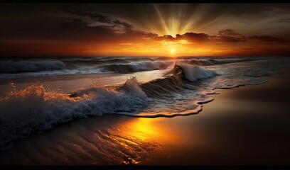  the sun is setting over the ocean with a wave crashing into the shore and the sun reflecting off the water's surface and creating a golden glow.  generative ai