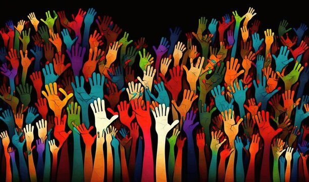  a group of people with their hands up in the air, with a black background and a black background with a multicolored image of hands up in the air.  generative ai