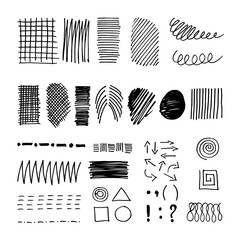 Hand drawn illustration with signs and symbols. Abstract set of shapes: hatching, dots, question and exclamation marks, arrows, zigzag, spiral, geometric shapes. The figures are drawn with a marker.