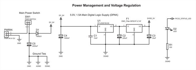 Schematic diagram of electronic device 
(power management and voltage regulation).
Vector drawing electrical circuit with diode, 
capacitor, resistor, led, switch
and other electronic components.
