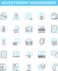 Advertisment management vector line icons set. Advertising, Management, Strategy, Impacts, Audience, Targeting, Plan illustration outline concept symbols and signs