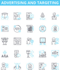 Advertising and targeting vector line icons set. Advertising, Targeting, Promotion, Campaign, Market, Demographics, Reaching illustration outline concept symbols and signs