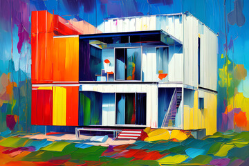 Image of a house made from used shipping containers. Placed and arranged according to the architect's design. Colored with attractive colors. Images are presented using medium oil painting.
