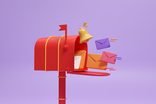 3D Red mailbox with flying envelope and bell notification on purple background, sent mail message. Receiving delivery in envelope. Newsletter business marketing and promotion. 3d render illustration