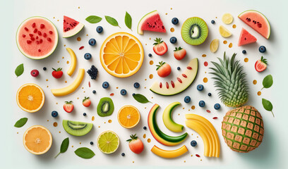  a variety of fruits are arranged in a pattern on a white background.  generative ai