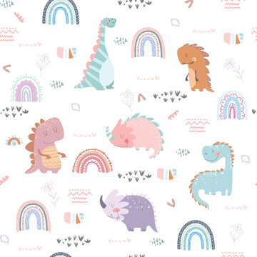 Dino friends. Funny cartoon dinosaurs, rainbows. Cute t rex, characters. Hand drawn vector doodle set for kids. Good for textiles, nursery, wallpapers, wrapping paper, clothes.