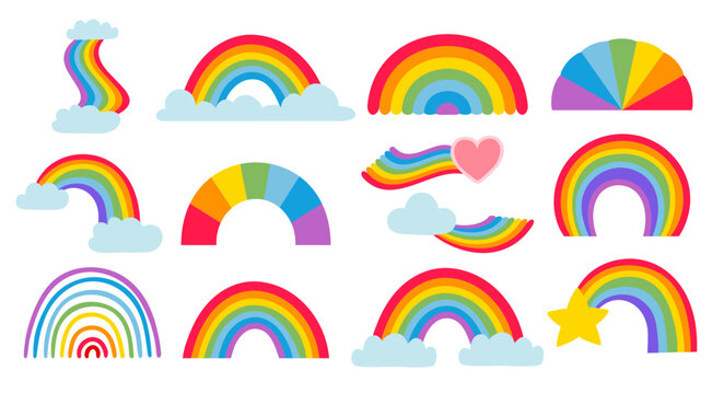 Cartoon rainbow collection, colored arcs weather set
