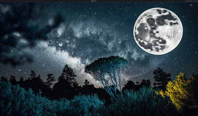  a night sky with a full moon in the distance and trees in the foreground.  generative ai