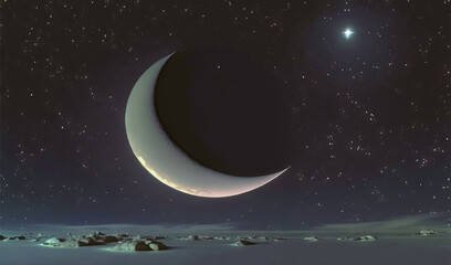  an image of a crescent in the sky with a star in the background.  generative ai