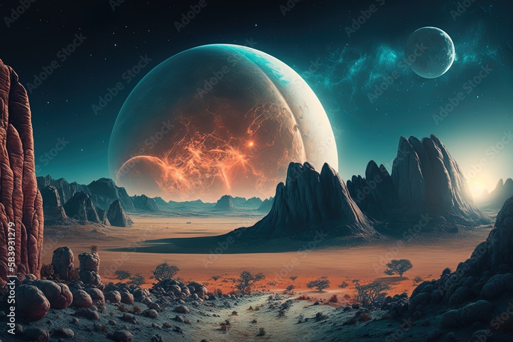 Poster digital artwork depicting a landscape on an exotic world with a huge moon in the background generati