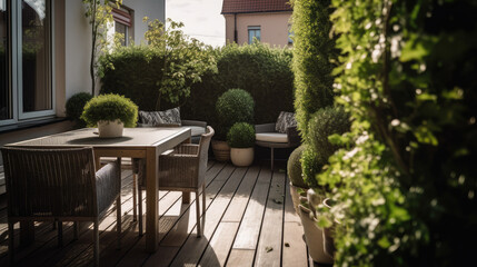 Fototapeta na wymiar Terrasse/Balkon mit Möbeln und viel Grünpflanzen im Sommer, Generative AI