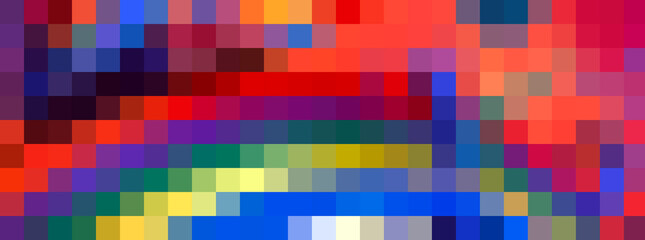 Pixels textured banner. Abstract colorful pixel background. Old video games style. Psychedelic pixel art illustration. Multicolored mosaic design. Vibrant colored Pixelization Image. Mosaic style.