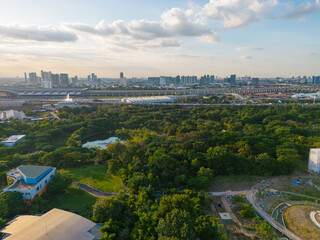 Aerial view green tree park in Chatuchak public park with office building