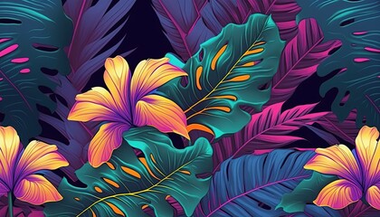 background with neon flowers and tropical leaves, generative AI