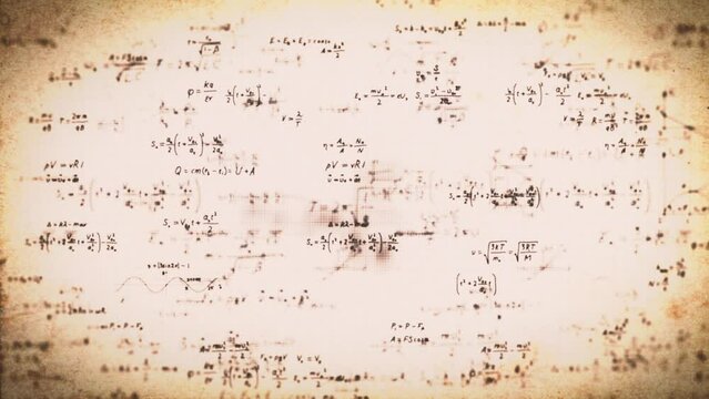 Maths Equations And Diagrams On Vintage Paper/ 4k animation of an abstract science background of mathematics equations and diagrams written on vintage old paper texture with blur and depth of field