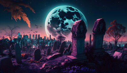 Cemetery under the moon. Generative AI