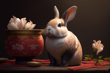 Chinese New Year. Rabbit on the floor. Year of the Rabbit. Bunny. Rabbit. China. Asia. Celebration. Chinese temple. Religion
