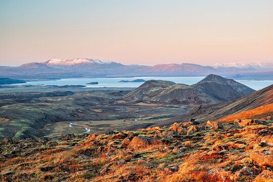Sunset near Hveragerdi watching Thingvallavatn in Thingvellir National Park, Iceland
