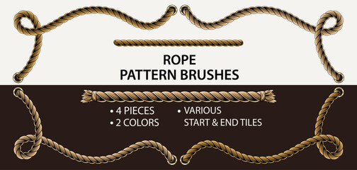 Set of 4 vector rope pattern brushes. 2 colors and 2 different styles of ends. Thin rope. Warm natural colors. Vintage detailed style.
