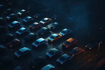 From above of classic cars parked on asphalt road in dark night city. Generative AI