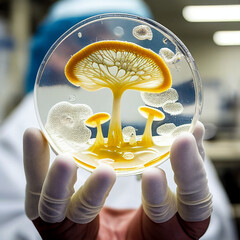 Candida Auris fungi multi-drug resistant Illustration in a petri dish in a lab setting. Scientist holding a possible Candida Auris sample. 