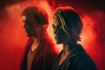 Young woman with makeup in neon light. Generative AI