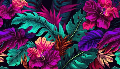 background with neon flowers and tropical leaves, generative AI