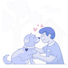Monochrome illustration of a boy with a dog on the background of a country house, animal care, vector graphics