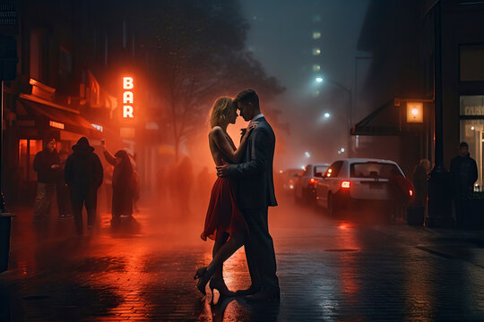 Romantic couple standing in dark room. Generative AI