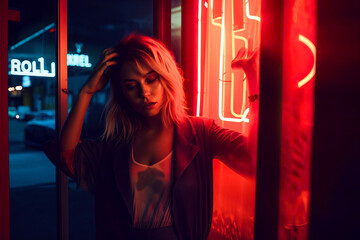 Serious young woman in trendy outfit with eyes closed while standing near window in modern cafe with neon red light. Generative AI