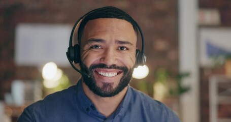 Face, happy or black man portrait in call center helping or talking in telecom or communications company. Friendly crm consultant, smile or male telemarketing sales agent in online customer services