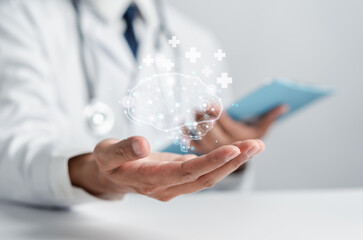 Doctor holding virtual human brain with ai artificial brain technology, idea creative intelligence...