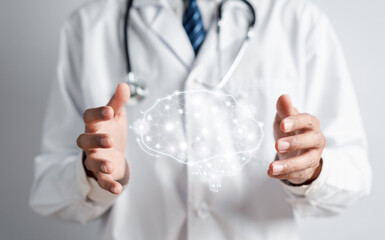 Doctor holding virtual human brain with ai artificial brain technology, idea creative intelligence thinking or Awareness or mental health care in futuristic.