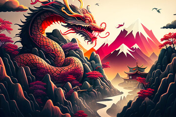 Chinese New Year. Dragon. Dragon with landscape in the background. Year of the Dragon. Asia. Anime. Tatoo