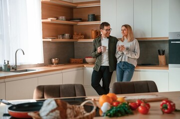 Standing, talking, holding cups with drink. Young couple is on the kitchen together