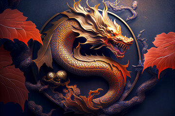 Chinese New Year. Dragon. Dragon with landscape in the background. Year of the Dragon. Asia. Anime. Tatoo