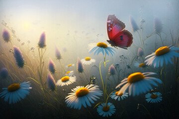 Plakat Foggy summer morning meadow with butterfly on camomile flower. Generative AI.