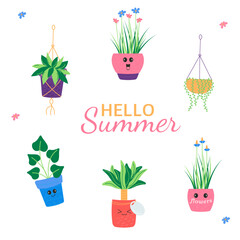Hello summer background with cute kawaii plants