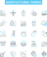 Agricultural farms vector line icons set. Farms, Agriculture, Crops, Cultivation, Plantations, Horticulture, Irrigation illustration outline concept symbols and signs