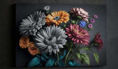  a painting of a bunch of flowers on a black background.  generative ai