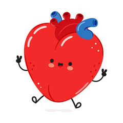 Cute funny heart organ jumping character. Vector hand drawn cartoon kawaii character illustration icon. Isolated on white background. Heart organ character concept