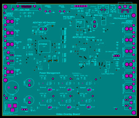 A printed circuit board of an electronic device with
components of radio elements, conductors and 
contact pads placed on it. Engineering drawing of a pcb. Inner layer.