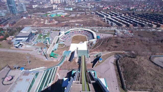 Ski jumping from the 90-meter and 125-meter springboard. aerial survey