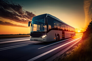 Tourist bus driving through highway at sunset. Generative AI - obrazy, fototapety, plakaty