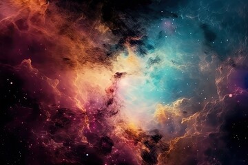 Fototapeta na wymiar Creative and colored background of a sky with colored clounds and stars, abstract scenery of nebula - Generative AI