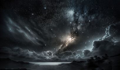  a black and white photo of a night sky with stars and clouds.  generative ai