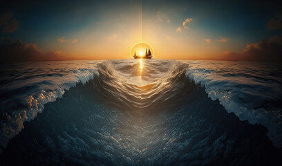  the sun is setting over the ocean with a boat in the water.  generative ai