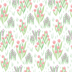 Seamless floral pattern, gentle spring print with small cute flowers. Simple botanical design with hand drawn wild flowers, leaves, tiny grass on white background. Vector illustration.