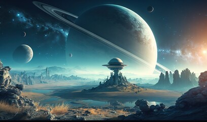  an artist's rendering of a distant planet with saturn in the background and a distant star in the foreground with a distant planet in the foreground.  generative ai
